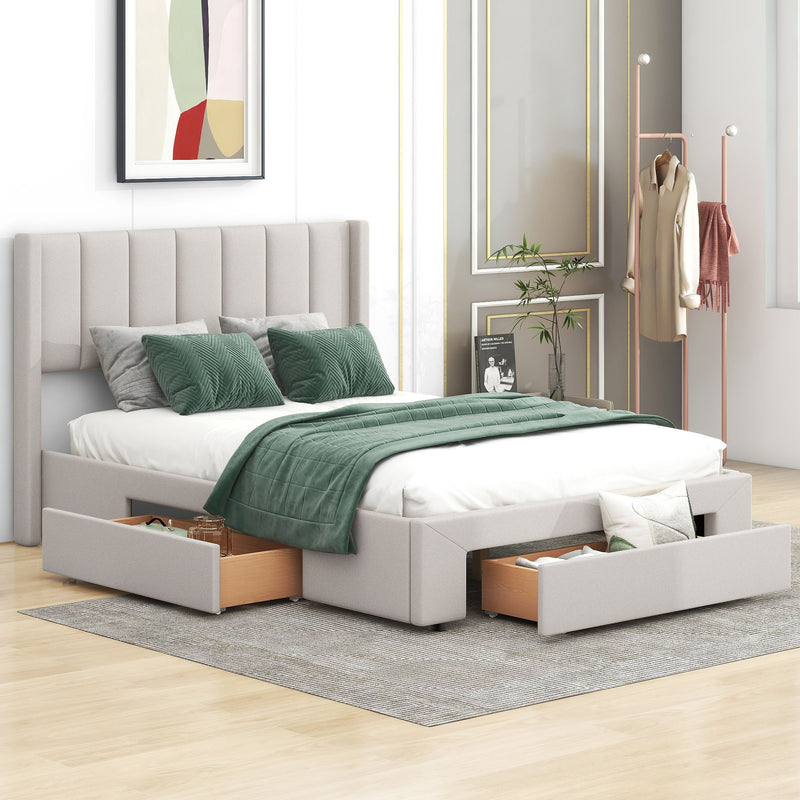 Full Size Upholstered Platform Bed With One Large Drawer In The Footboard And Drawer On Each Side, Beige