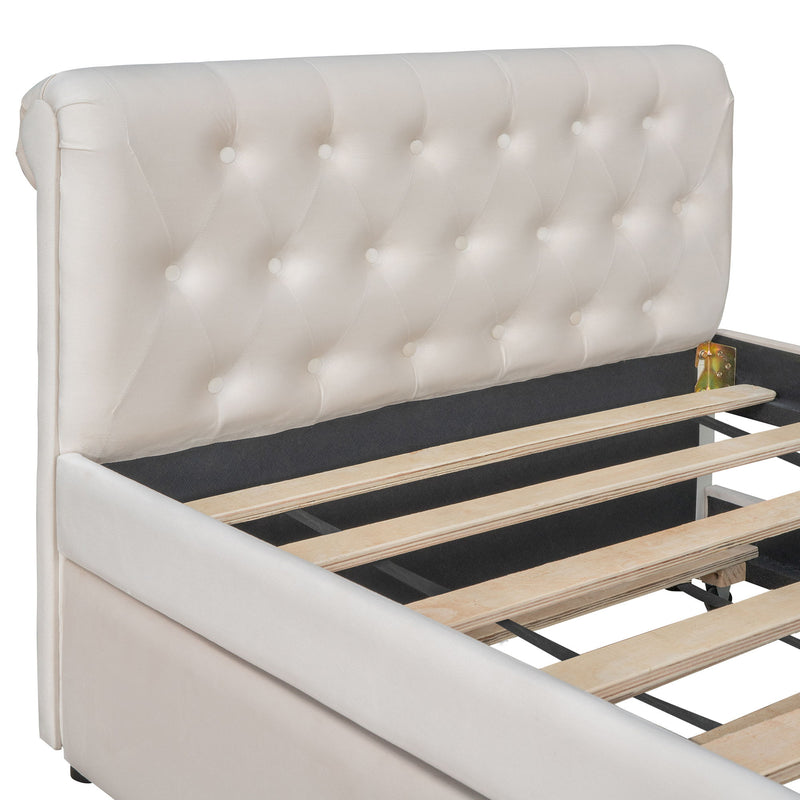 Twin Size Upholstered Daybed With Trundle, Wood Slat Support, Beige