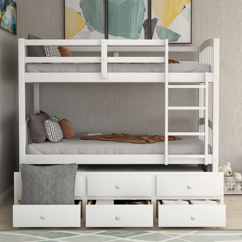 Twin Bunk Bed With Ladder, Safety Rail, Twin Trundle Bed With 3 Drawers For Teens Bedroom, Guest Room Furniture (White)