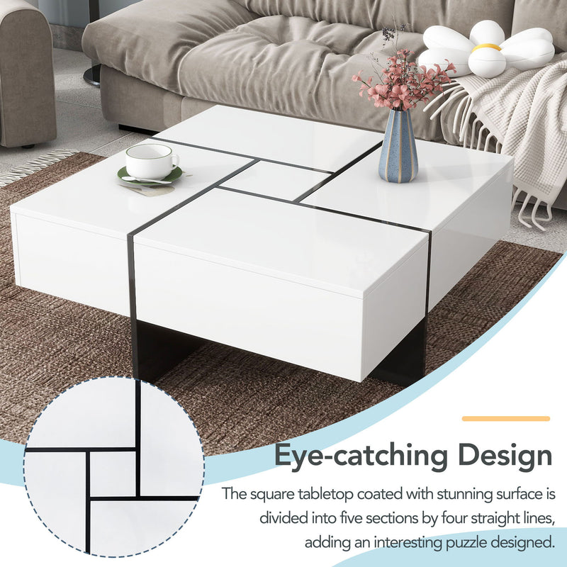 On-Trend Unique Design Coffee Table With 4 Hidden Storage Compartments, Square Cocktail Table With Extendable Sliding TableTop , Uv High-Gloss Design Center Table For Living Room