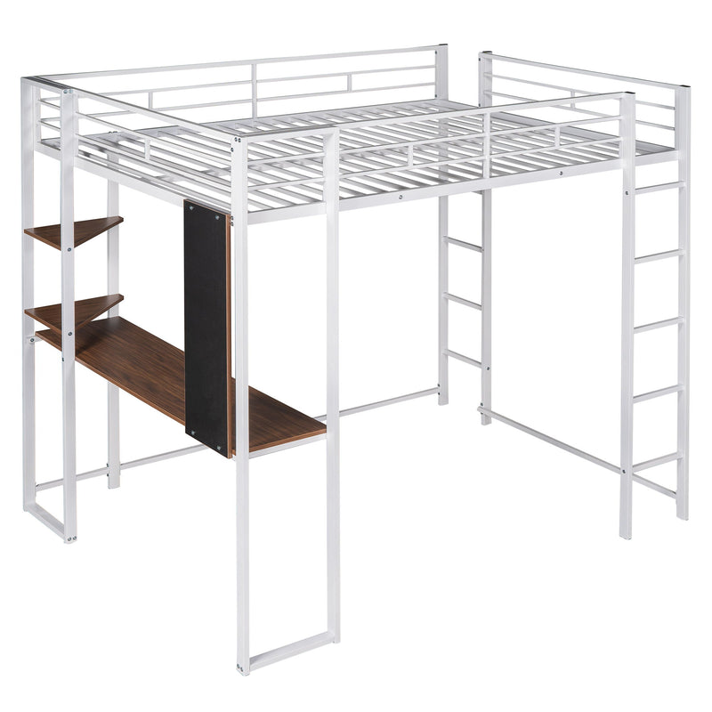 Full Size Metal Loft Bed With 2 Shelves And One Desk, White