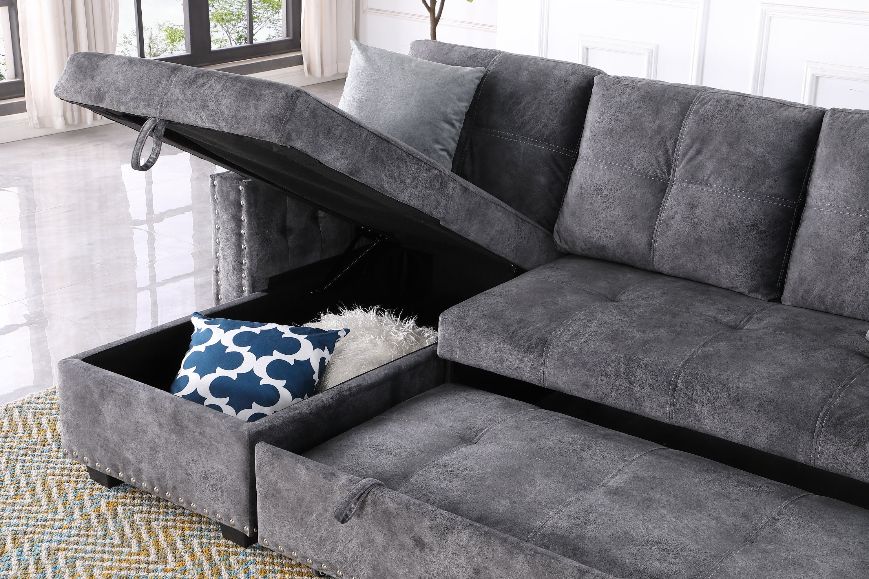 Reversible Sleeper Sectional Storage Sofa Bed,Corner Sofa-Bed With Storage,3 Seat Both Left Handed And Right Handed, Nailheaded - Atlantic Fine Furniture Inc