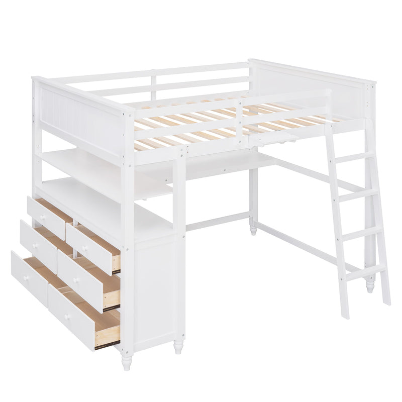 Full Size Loft Bed With Drawers And Desk, Loft Bed With Shelves - White