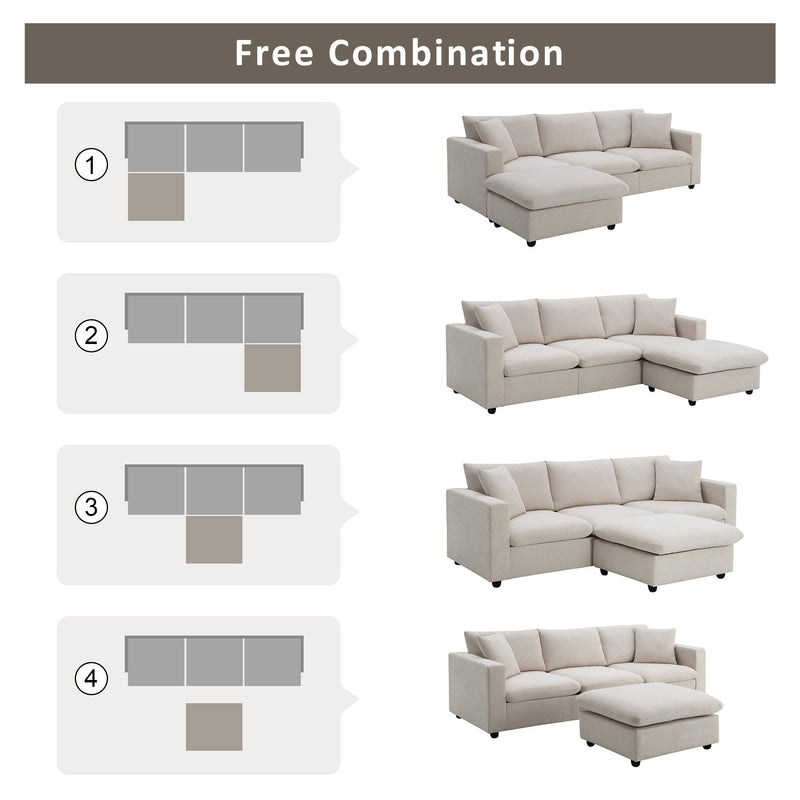 Modern Sectional Sofa, L-Shaped Couch Set With 2 Free Pillows, 4-Seat Polyester Fabric Couch Set With Convertible Ottoman For Living Room, Apartment, Office