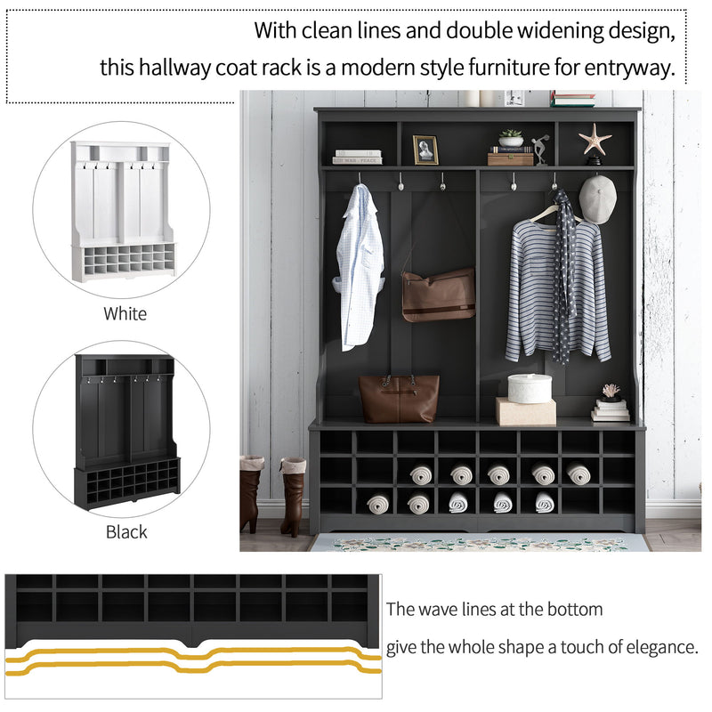 On-Trend Modern Style Multiple Functions Hallway Coat Rack With Metal Black Hooks, Entryway Bench 60" Wide Hall Tree With Ample Storage Space And 24 Shoe Cubbies, Black