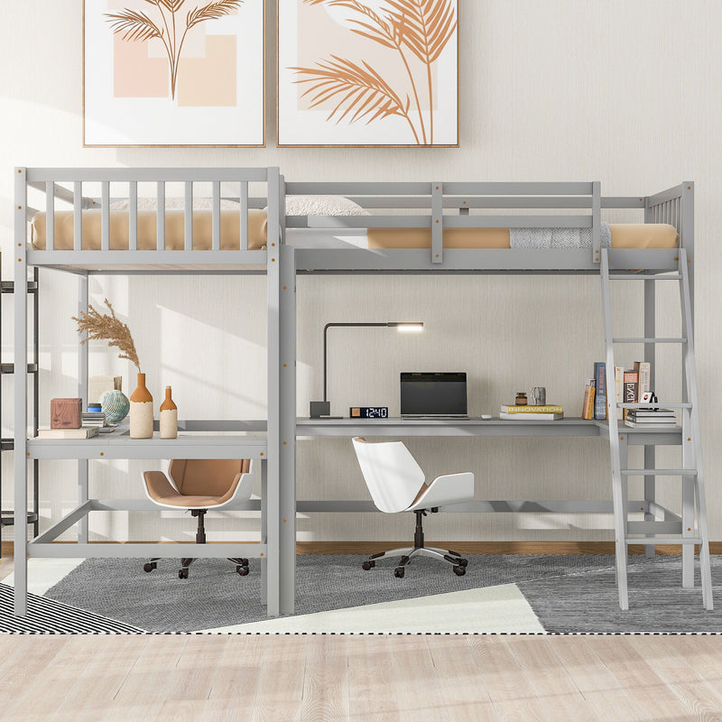 Wood Twin Size L-Shaped Loft Bed With Ladder And 2 Built-In L-Shaped Desks, Gray