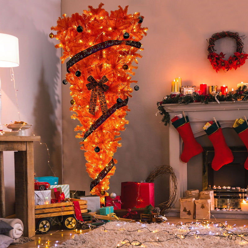 Go 7.5 Ft Orange Upside Down Christmas Tree With 300 Led Warm Lights X-Mas, Halloween-Themed Ornaments And Satin Ribbon