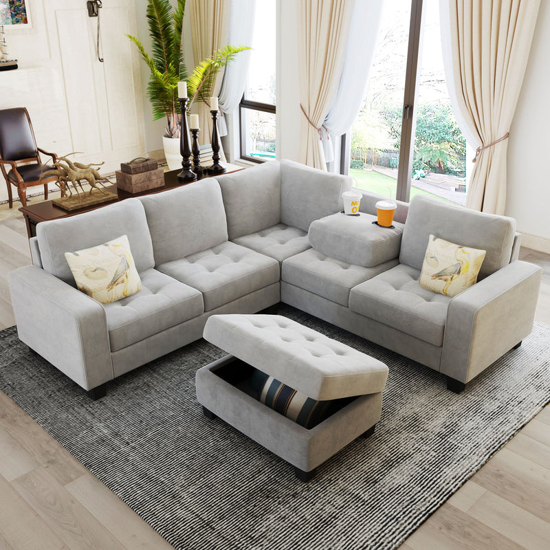 Orisfur. Sectional Corner Sofa Shape Couch Space Saving With Storage Ottoman & Cup Holders Design For Large Space Dorm Apartment, Light Gray