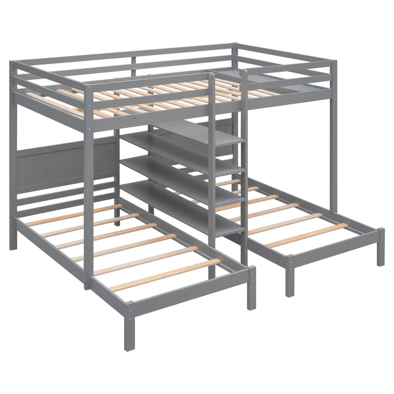 Full Long Over Twin & Twin Bunk Bed With Built-In Four Shelves And Ladder, Gray