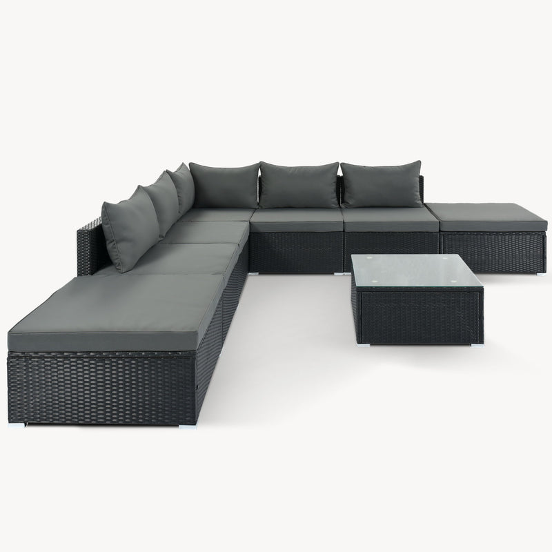 8 Pieces Outdoor Patio Furniture Sets, Garden Conversation Wicker Sofa Set, Single Sofa Combinable, Gray Cushions Black Wicker