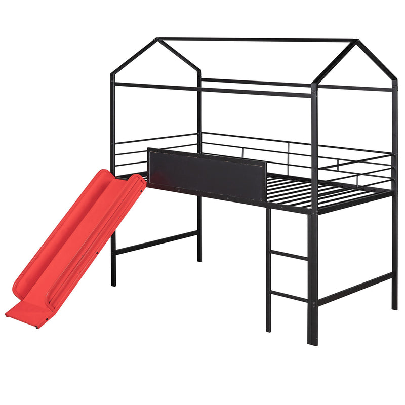 Metal House Bed With Slide, Twin Size Metal Loft Bed With Two - Sided Writable Wooden Board (Black And Red)