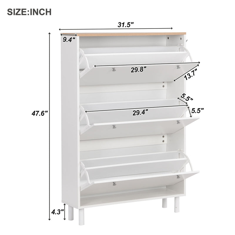 On-Trend Narrow Design Shoe Cabinet With 3 Flip Drawers, Wood Grain Pattern Top Entryway Organizer With 3 Hooks, Free Standing Shoe Rack With Adjustable Panel For Hallway, White