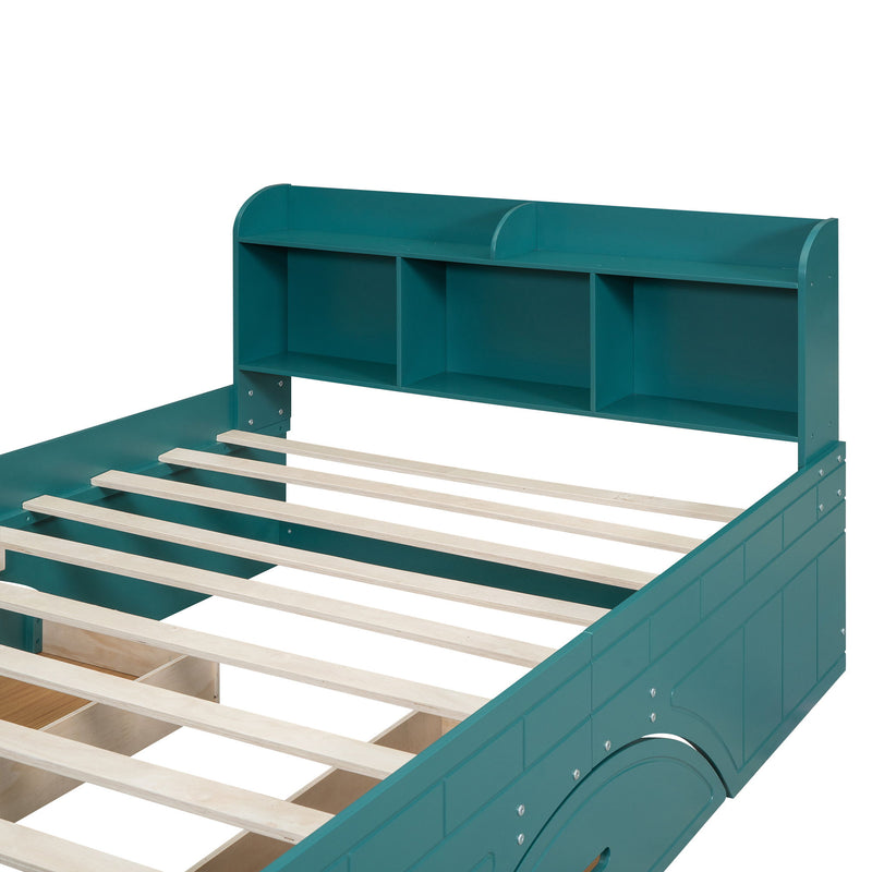 Wood Full Size Platform Bed With 2 Drawers, Storage Headboard And Footboard, Dark Green
