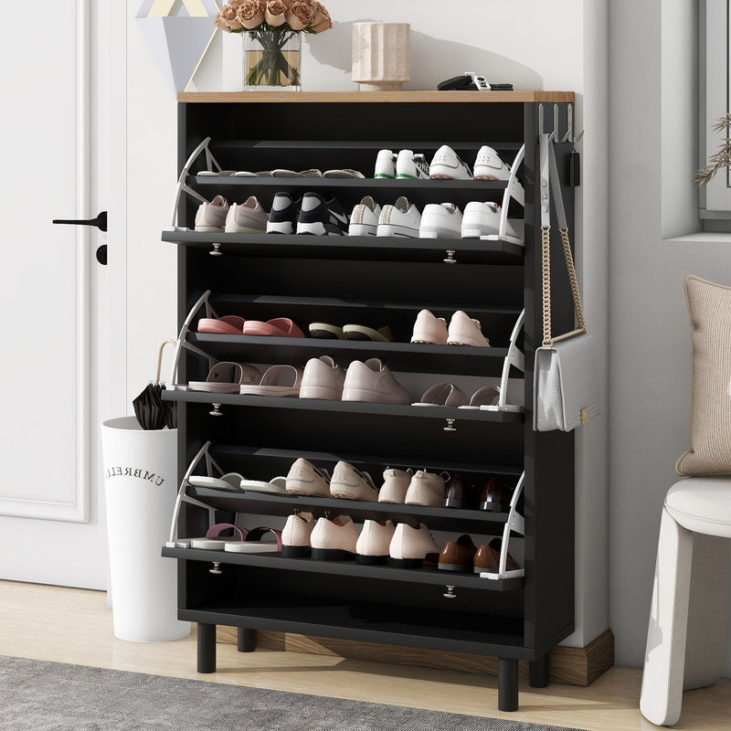On-Trend Narrow Design Shoe Cabinet With 3 Flip Drawers, Wood Grain Pattern Top Entryway Organizer With 3 Hooks, Free Standing Shoe Rack With Adjustable Panel For Hallway, Black