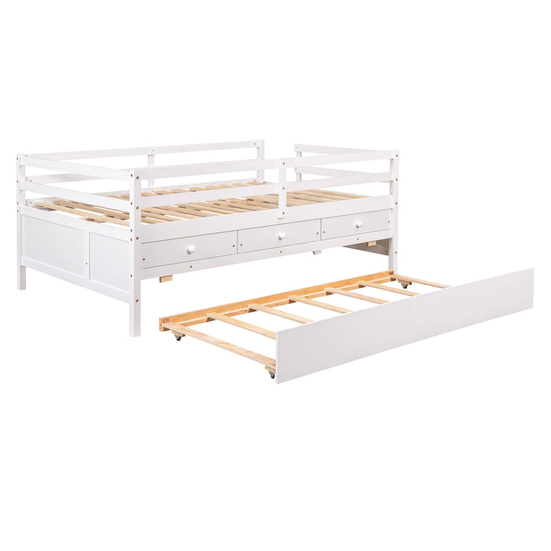 Low Loft Bed Full Size With Full Safety Fence, Climbing Ladder, Storage Drawers And Trundle White Solid Wood Bed