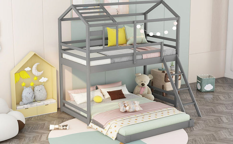 Twin Over Full House Bunk Bed With Ladder And Window, Full-Length Guardrail, Gray