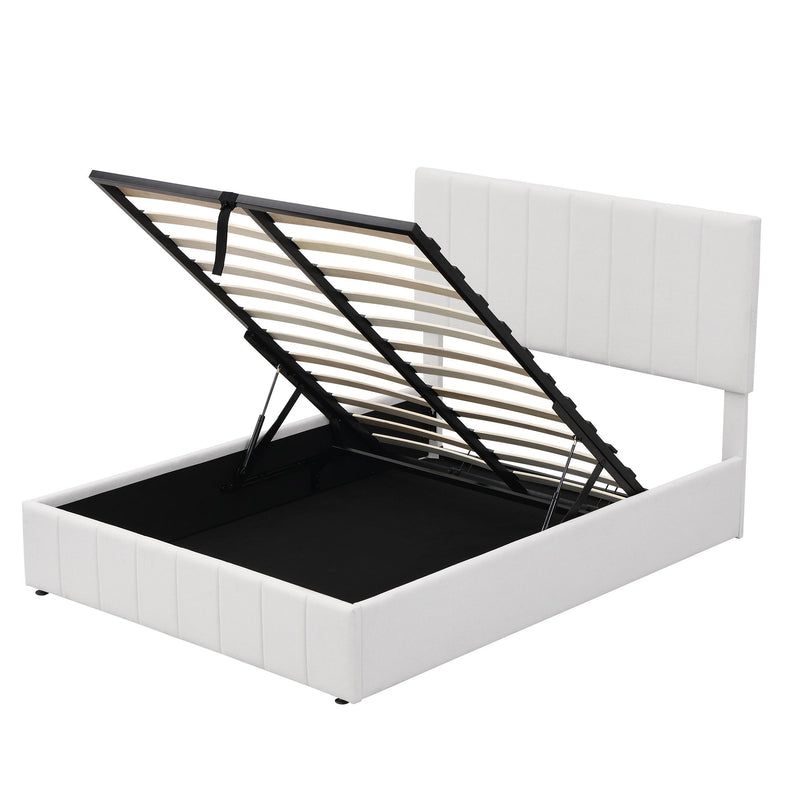 Full Size Upholstered Platform Bed With A Hydraulic Storage System - White