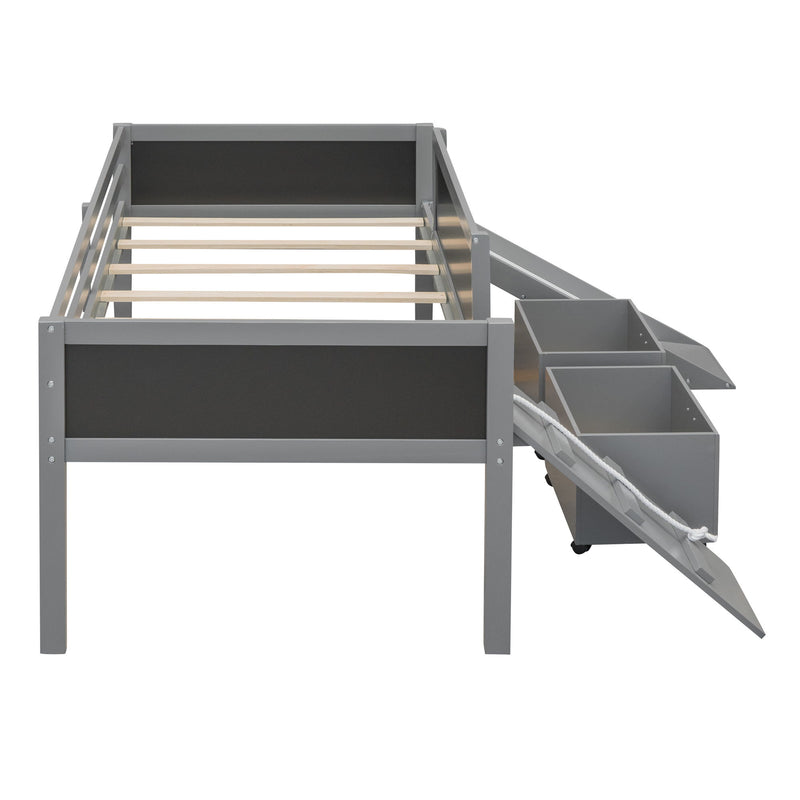 Twin Size Loft Bed Wood Bed With Two Storage Boxes - Gray