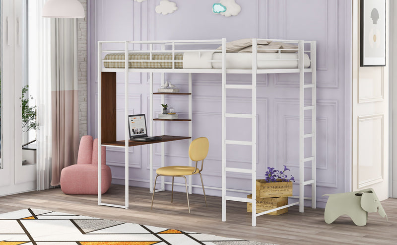 Twin Metal Loft Bed With 2 Shelves And One Desk, White