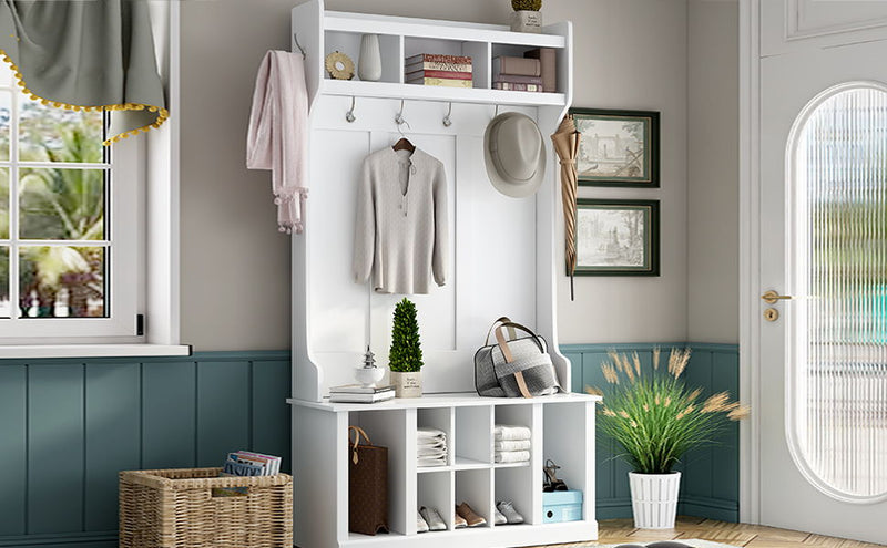 U Can Hall Tree With 6 Hooks, Coat Hanger, Entryway Bench, Storage Bench, 3 In 1 Design, 39. 4Inch, For Entrance, Hallway (White)