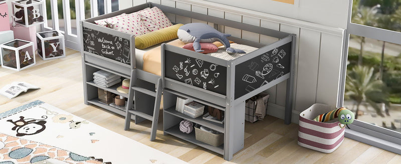 Twin Size Low Loft Bed With Two Movable Shelves And Ladder, With Decorative Guardrail Chalkboard - Gray