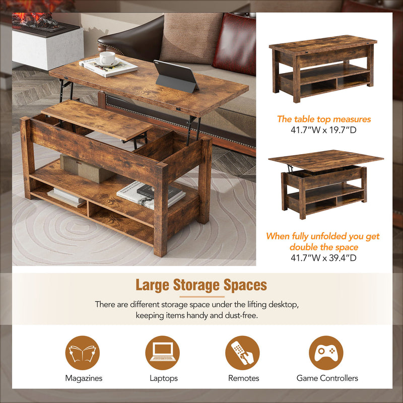 On-Trend Lift Top Coffee Table, Multi-Functional Coffee Table With Open Shelves, Modern Lift Tabletop Dining Table For Living Room, Home Office, Rustic Brown