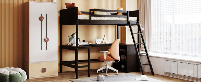 Twin Size Loft Bed With Shelves And Desk, Wooden Loft Bed With Desk - Espresso