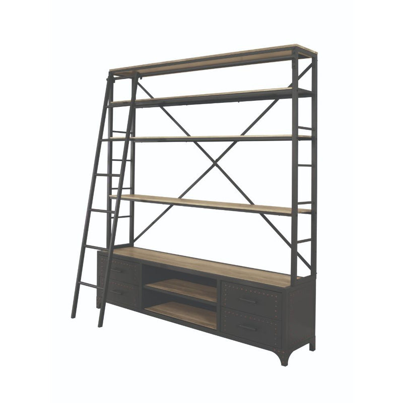 Depict the gentle flow of industrial modern decor with the Actaki bookshelf and ladder set. Industrial modern shelving unit with 4 drawers with Nailhead trim and 2 open shelves provide a unique storage and display to you room. Some assembly required.