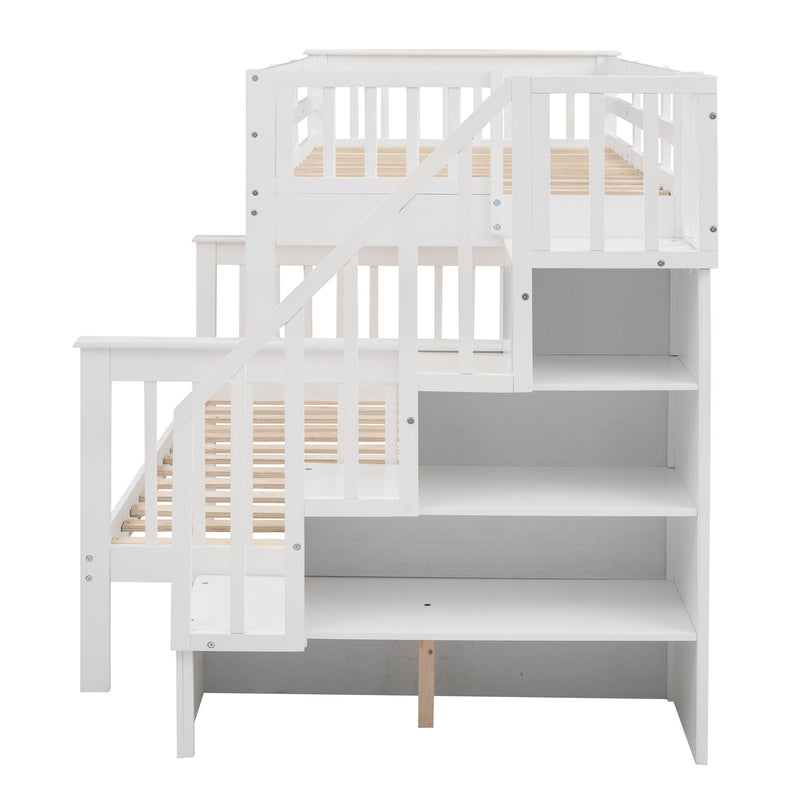 Stairway Twin Over Full Bunk Bed With Twin Size Trundle, Storage And Guard Rail For Bedroom, Dorm, For Adults, White