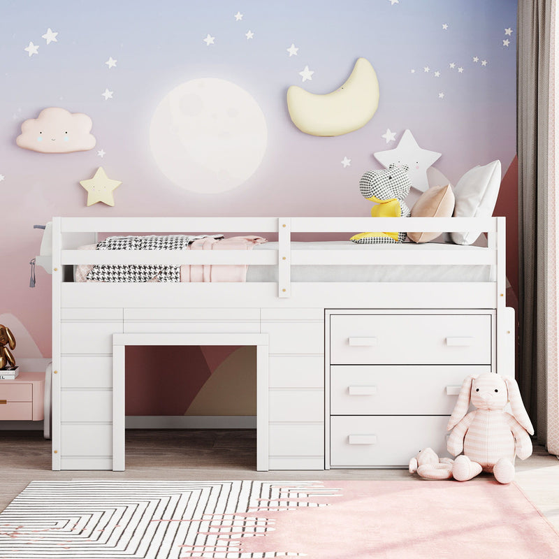 Twin Size Loft Bed With Cabinet And Shelf - White