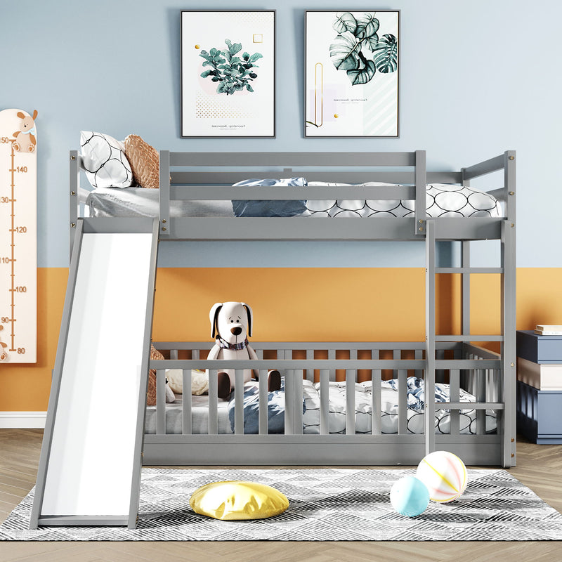 Twin Over Twin Bunk Bed With Slide And Ladder, Gray