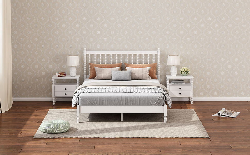 3 Pieces Bedroom Sets Queen Size Wood Platform Bed With Gourd Shaped Headboard, Antique White