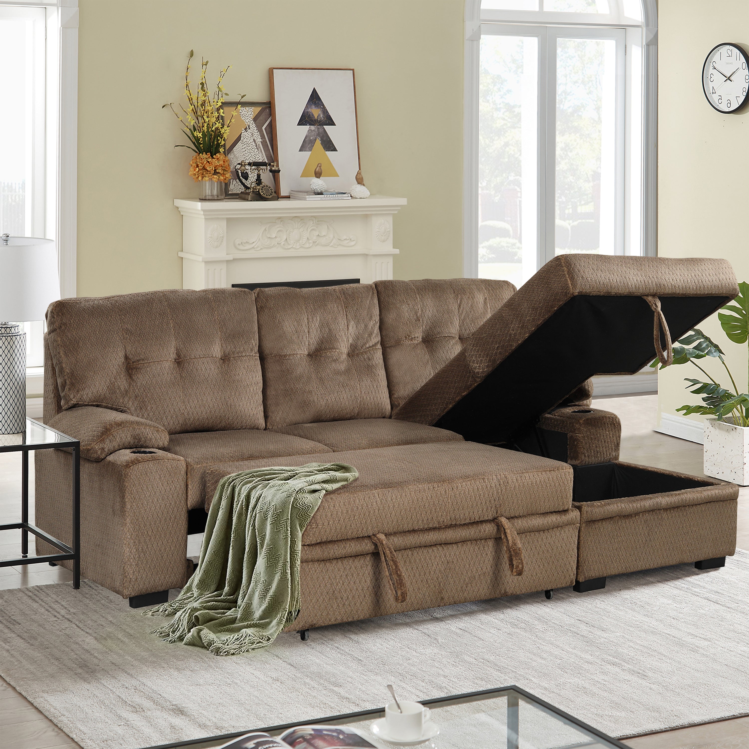 Orisfur. Modern Padded Upholstered  Sofa Bed Sleeper Sectional Sofa with Storage Chaise and Cup Holder for Living Room Furniture Set - Atlantic Fine Furniture Inc