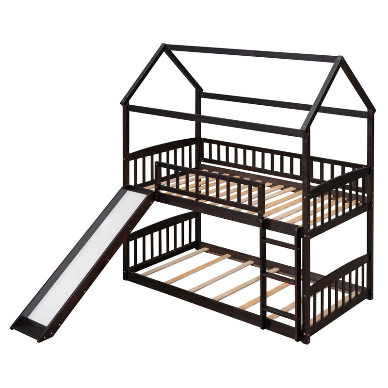 Twin Over Twin Bunk Bed With Slide, House Bed With Slide - Espresso