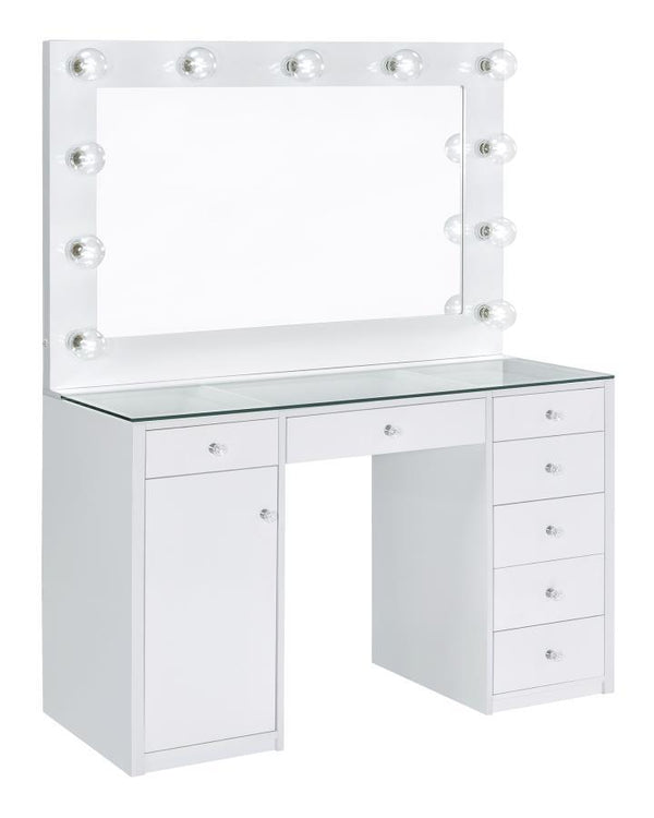 Acena - 7-Drawer Glass Top Vanity Desk With Lighting - White