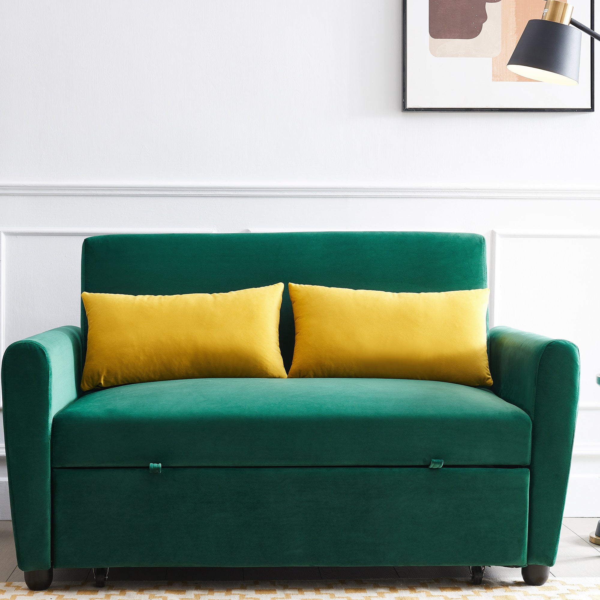 [VIDEO provided]55" Modern Velvet Sofa with Pull-Out Sleeper Bed with 2 Pillows Adjustable Backrest for Small Spaces Green - Atlantic Fine Furniture Inc