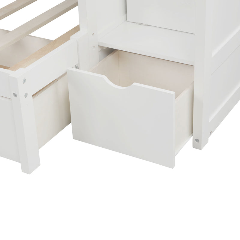 Twin Over Full/Twin Bunk Bed, Convertible Bottom Bed, Storage Shelves And Drawers, White