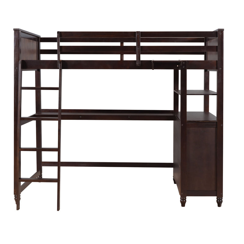 Twin Size Loft Bed With Drawers And Desk, Wooden Loft Bed With Shelves - Espresso