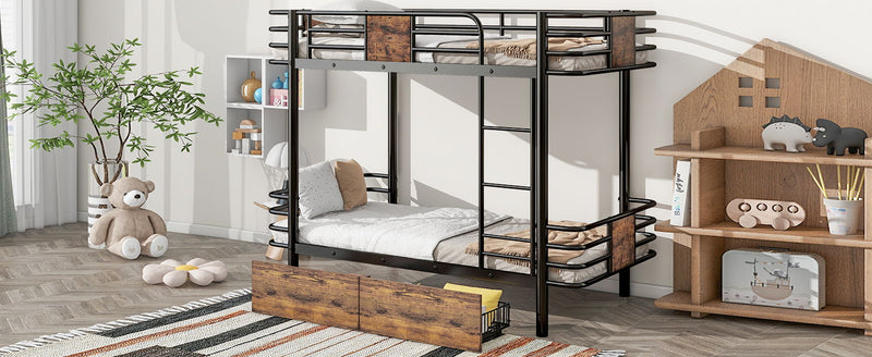 Twin XL Over Twin XL Metal Bunk Bed With MDF Board Guardrail And Two Storage Drawers, Black