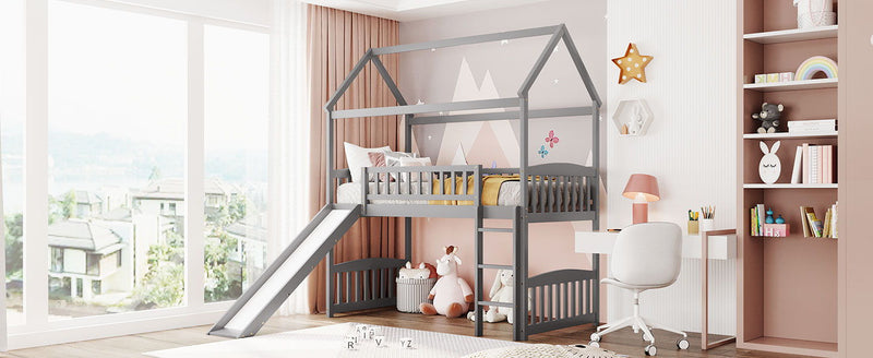 Twin Loft Bed With Slide, House Bed With Slide, White - Gray