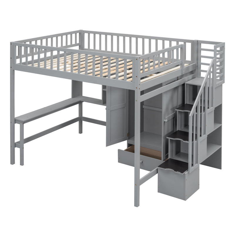 Full Size Loft Bed With Bookshelf, Drawers, Desk, And Wardrobe, Gray
