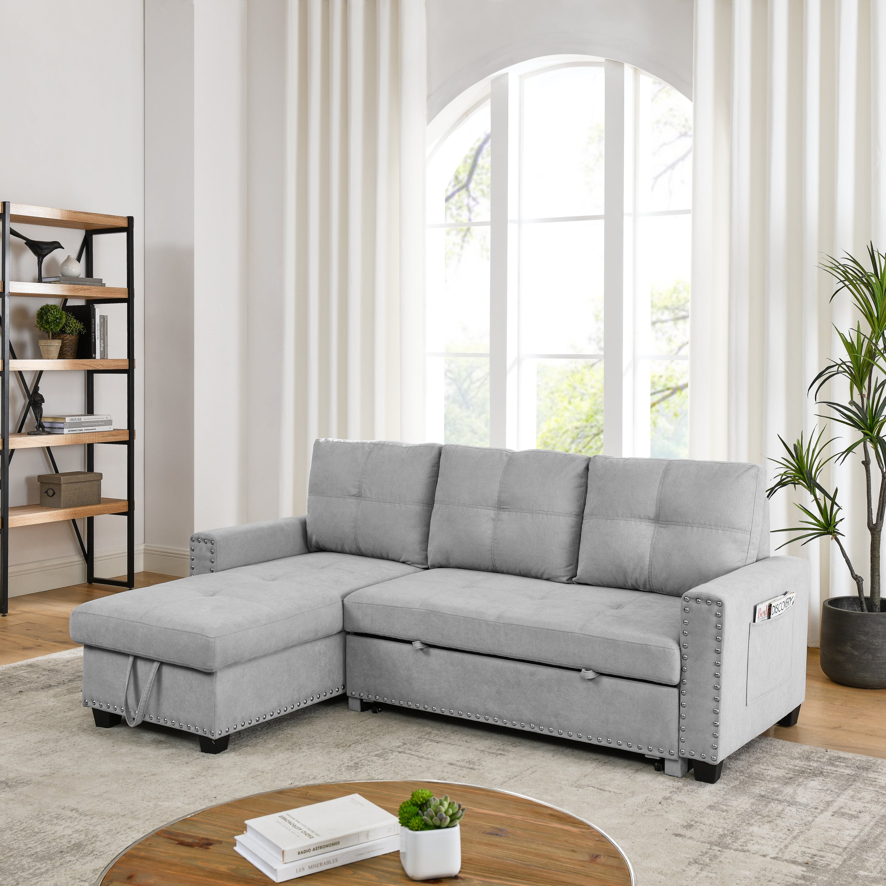 [Video] MH 82" Sleeper Sofa Bed Reversible Sectional Couch with Storage Chaise and Side storage bag for Living Room Furniture Set, silver rivets on both hands - Atlantic Fine Furniture Inc