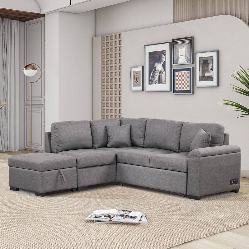 Sleeper Sectional Sofa, L-Shape Corner Couch Sofa-Bed With Storage Ottoman & Hidden Arm Storage & Usb Charge For Living Room Apartment, Dark Gray