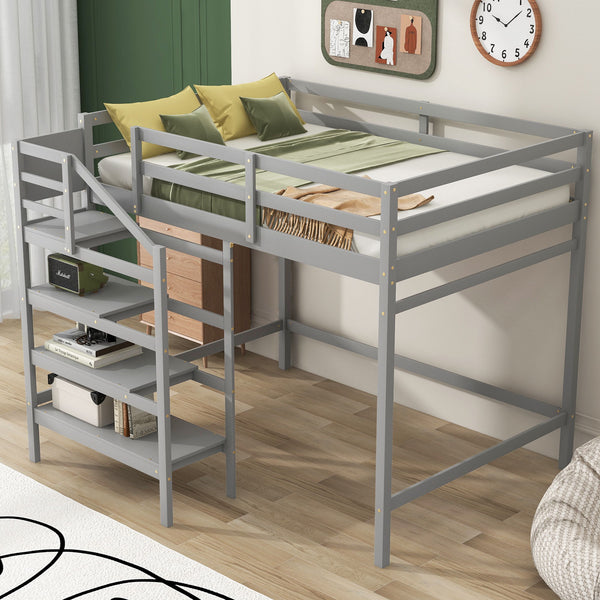 Full Size Loft Bed With Built-In Storage Staircase And Hanger For Clothes Gray