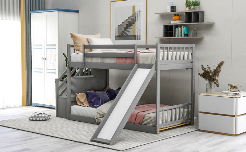 Twin Over Twin Bunk Bed With Convertible Slide And Stairway, Gray