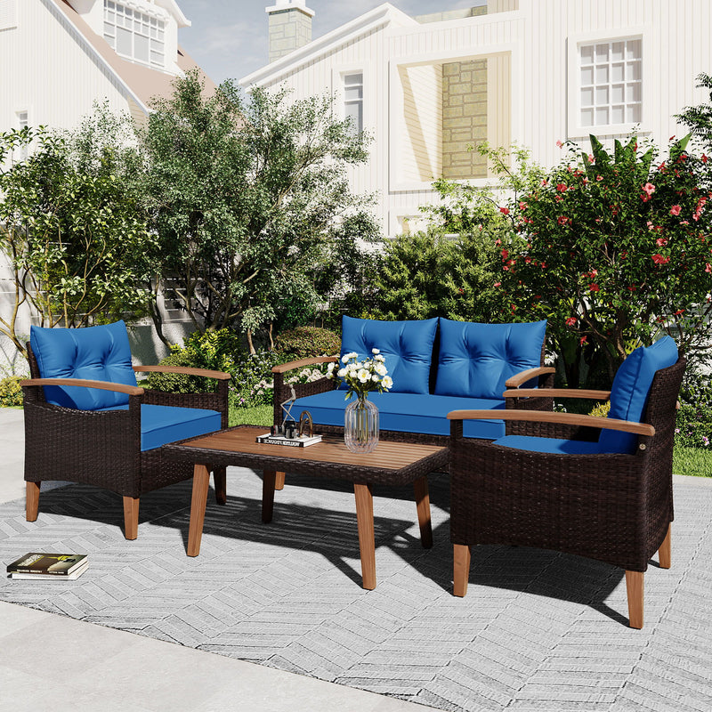 Go 4 Piece Garden Furniture, Patio Seating Set, Pe Rattan Outdoor Sofa Set, Wood Table And Legs, Brown And Blue