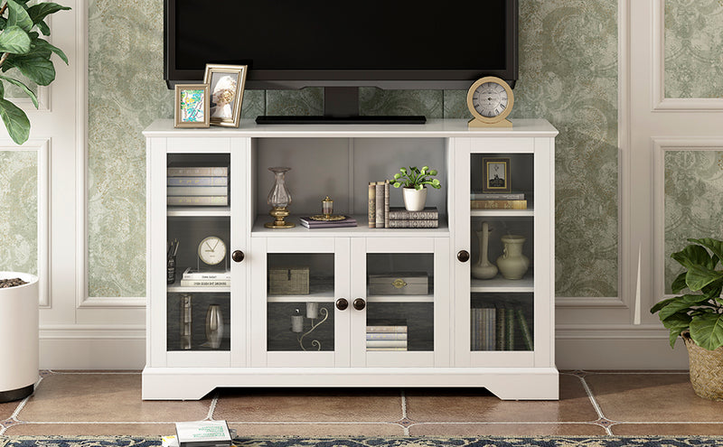 ON-TREND TV Stand for TV up to 60in with 4 Tempered Glass Doors Adjustable Panels Open Style Cabinet, Sideboard for Living room, White (OLD SKU:WF286785AAK)
