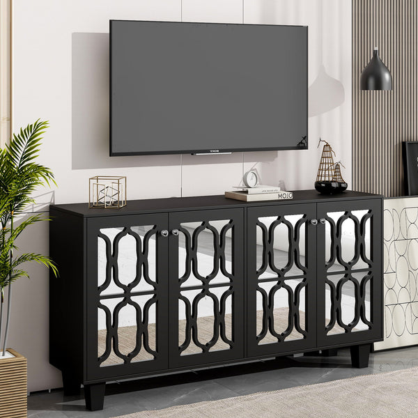 On-Trend Buffet Cabinet With Adjustable Shelves, 4 - Door Mirror Hollow - Carved TV Stand For TVs Up To 65'', Multi-Functional Console Table With Storage Credenza Accent Cabinet For Living Room, Black