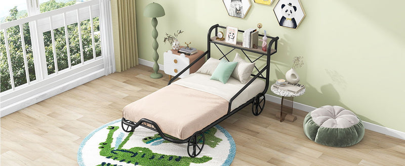 Twin Size Metal Car Bed With Four Wheels, Guardrails And X-Shaped Frame Shelf, Black