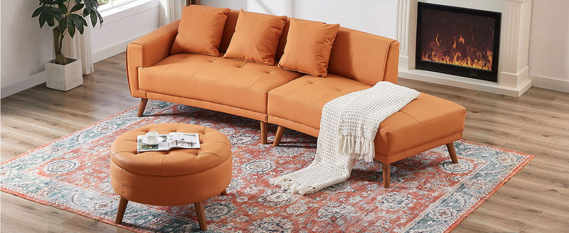 Contemporary Sofa Stylish Sofa Couch With A Round Storage Ottoman And Three Removable Pillows For Living Room, Orange